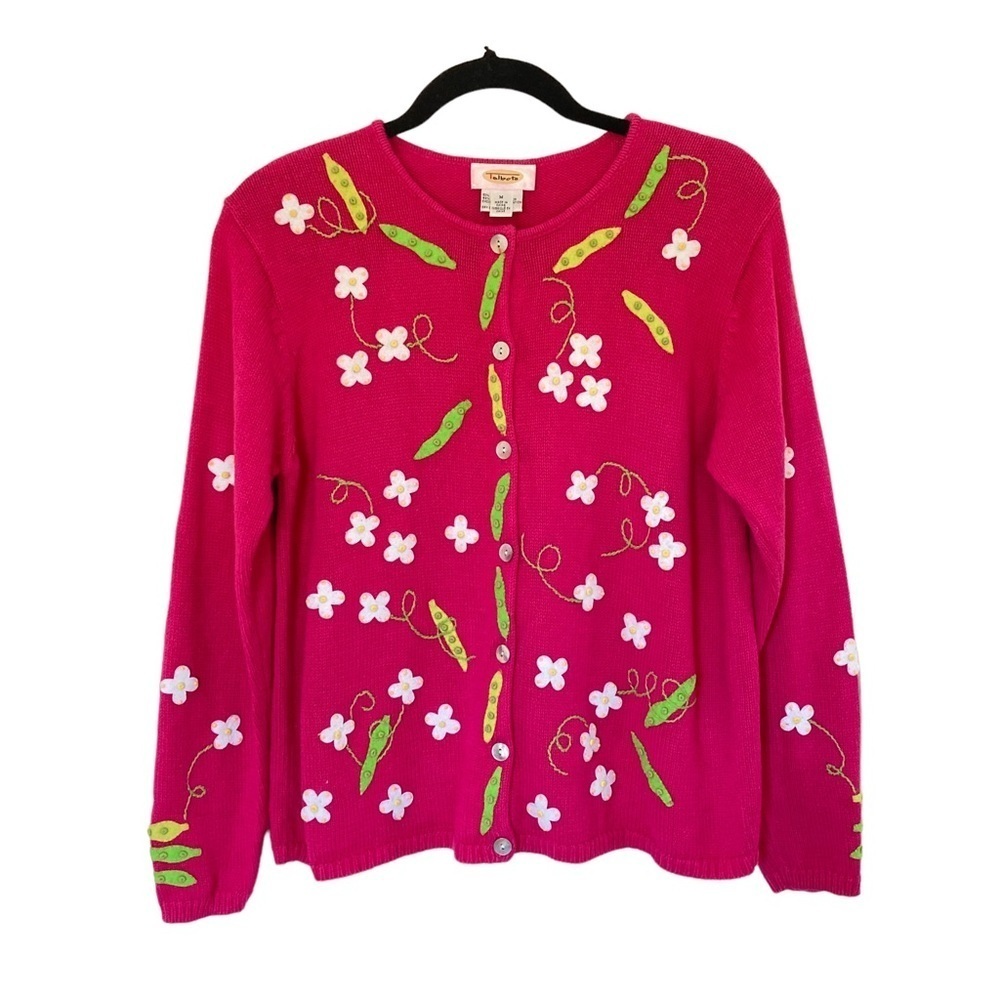 Talbots Bright Pink Spring Themed Cardigan Sweater